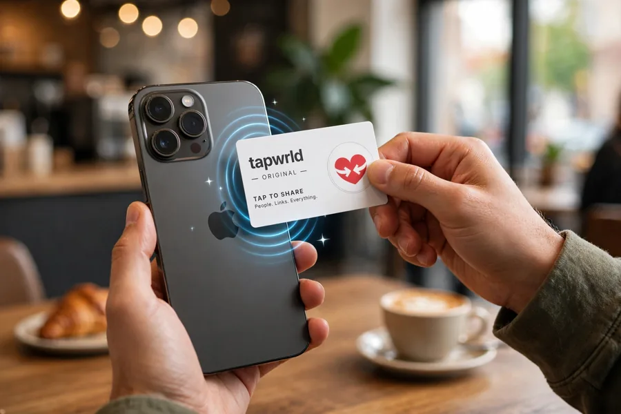 Tapwrld card being tapped to an iPhone in a cafe